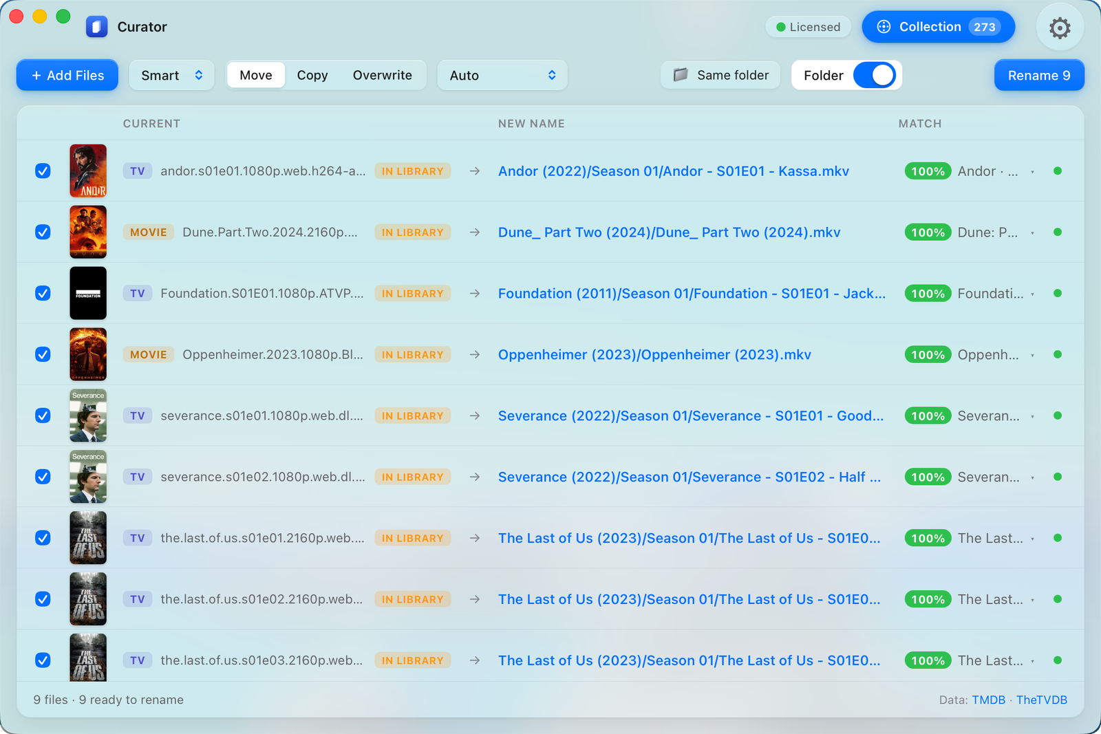 Curator matching messy filenames to clean, correctly-named episodes